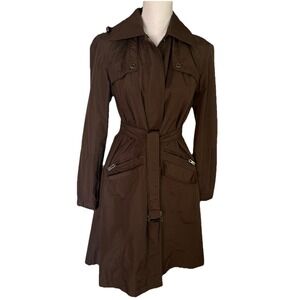 LULU BRAVO Pleated Belted Hooded‎ Pea Coat Jacket Rain XS (4-6) Chocolate Brown